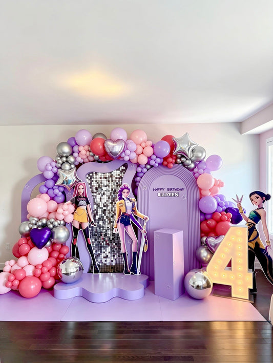 K-Pop Demon Hunters birthday backdrop with purple and pink balloons, shimmer wall and marquee number 4
