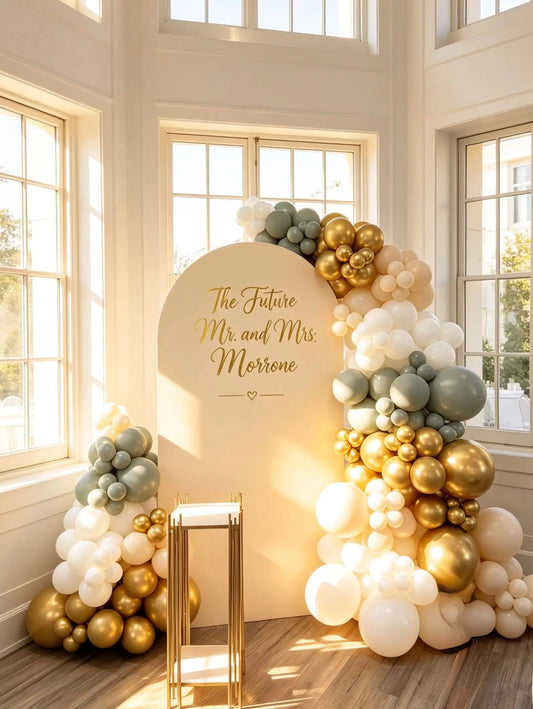 Beige engagement backdrop with sage green, ivory, white and metallic gold balloon garland, custom Future Mr. and Mrs. lettering and a modern gold display stand.