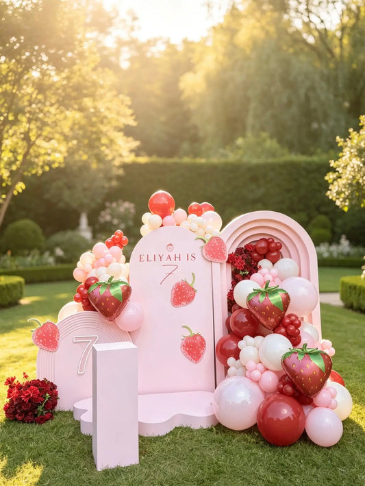 Pink strawberry birthday backdrop with layered arches, red, pink and white balloon arrangements, strawberry decorations and cake table.