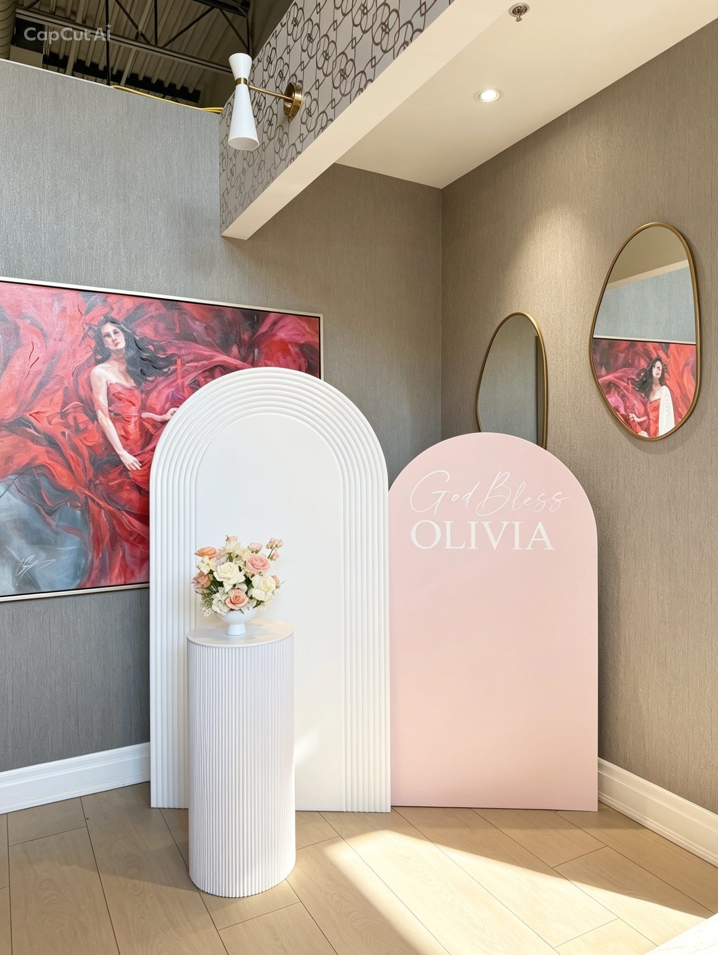 Blush and white communion backdrop with layered arch panels, custom lettering and white ribbed plinth