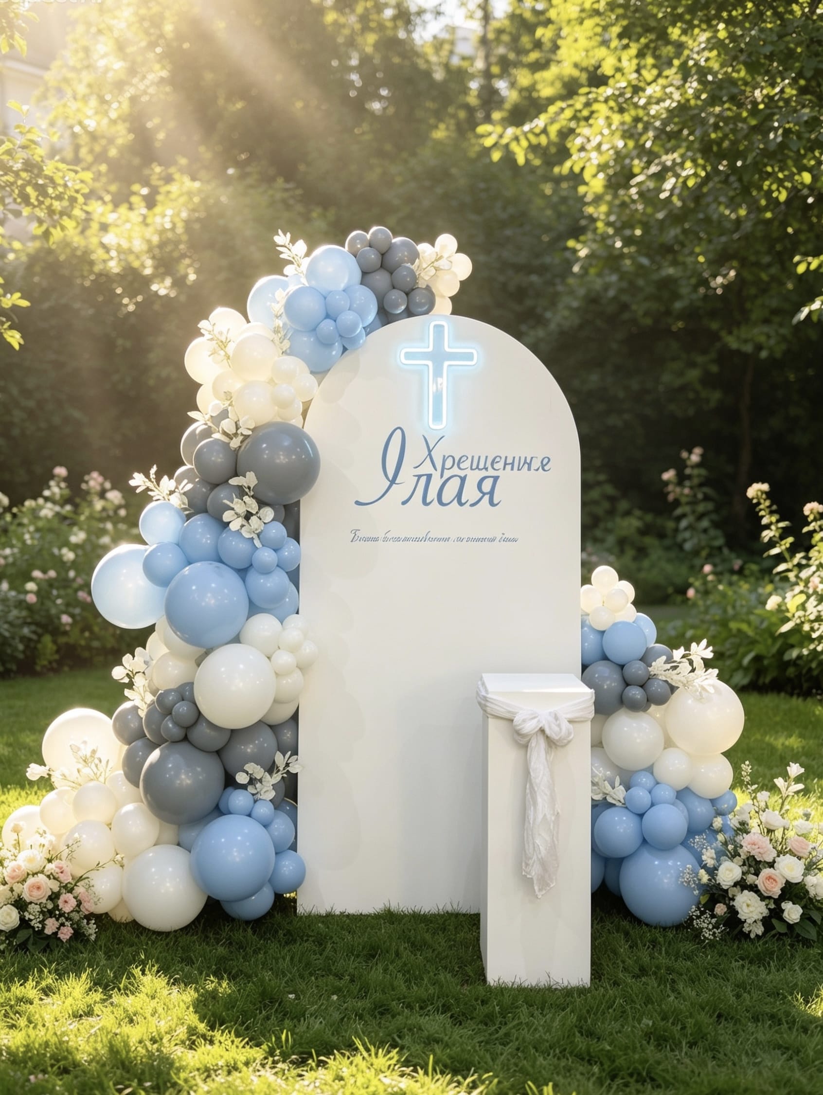 White baptism backdrop with a glowing blue cross, blue and white balloon garlands, floral accents and a matching white pedestal stand.