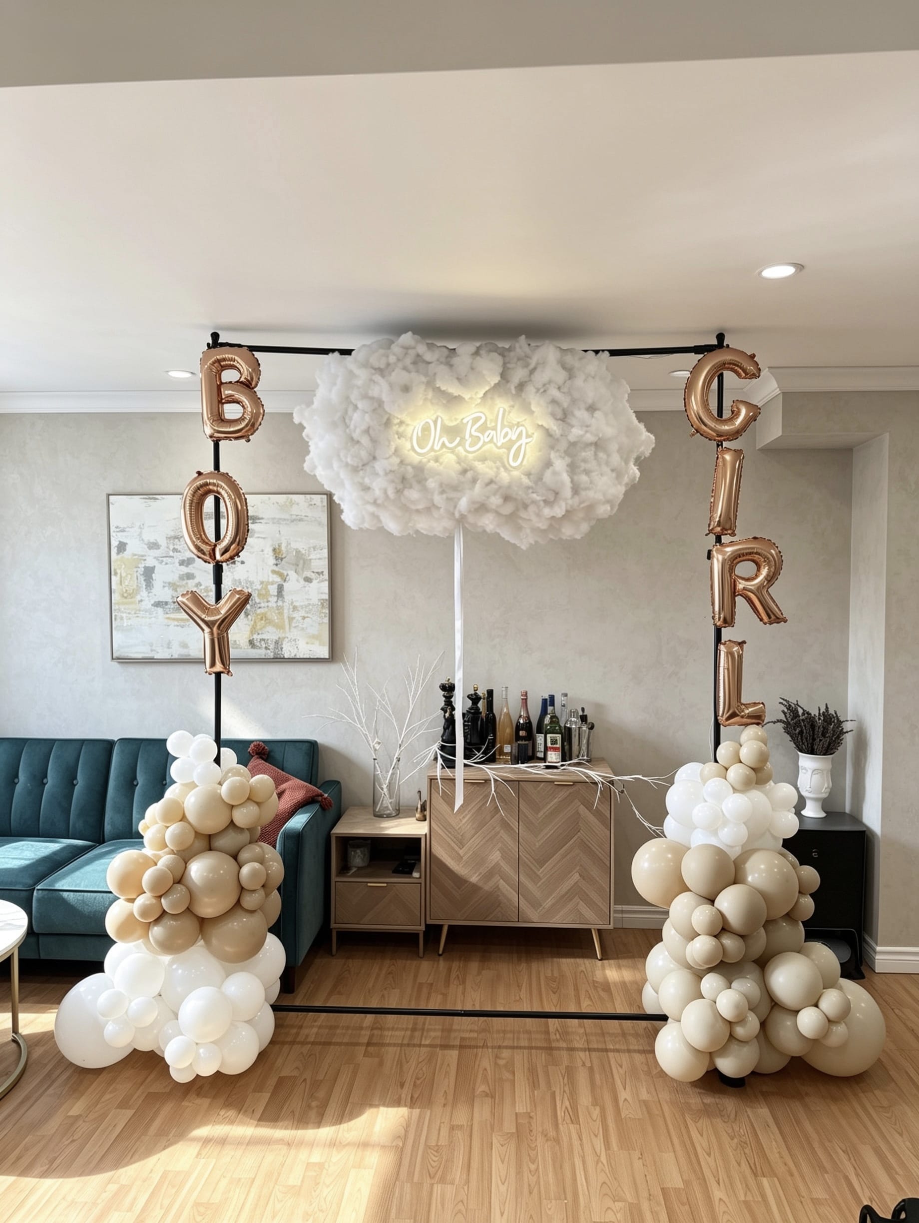 floating cloud gender reveal backdrop with oh baby neon sign and boy girl balloon lettering