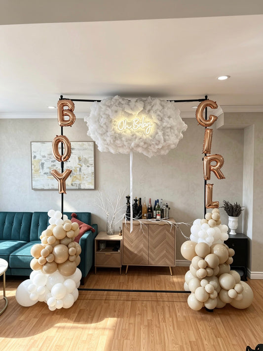 floating cloud gender reveal backdrop with oh baby neon sign and boy girl balloon lettering