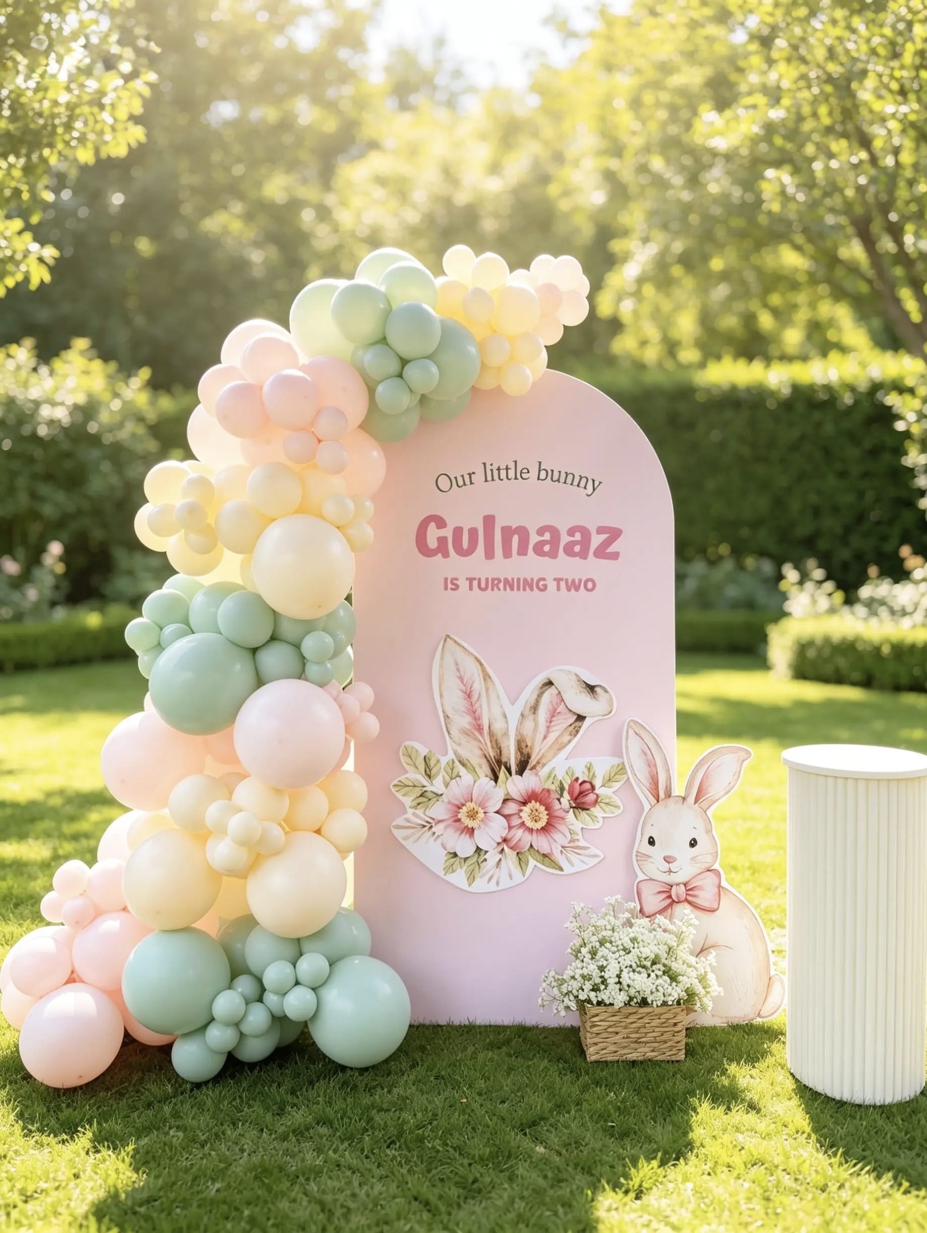 Little bunny birthday backdrop with pink arch, pastel pink, sage green and ivory balloons, bunny cut-outs and white ribbed cake table.