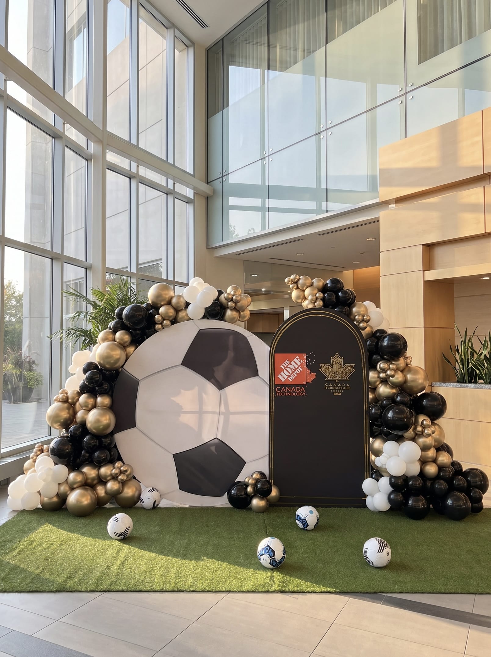 Custom corporate soccer awards backdrop featuring branded event panels, giant soccer ball display, premium black gold and white balloon garlands, artificial grass flooring and Canada Technology Excellence Awards branding.