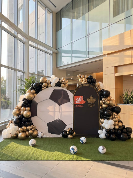 Custom corporate soccer awards backdrop featuring branded event panels, giant soccer ball display, premium black gold and white balloon garlands, artificial grass flooring and Canada Technology Excellence Awards branding.