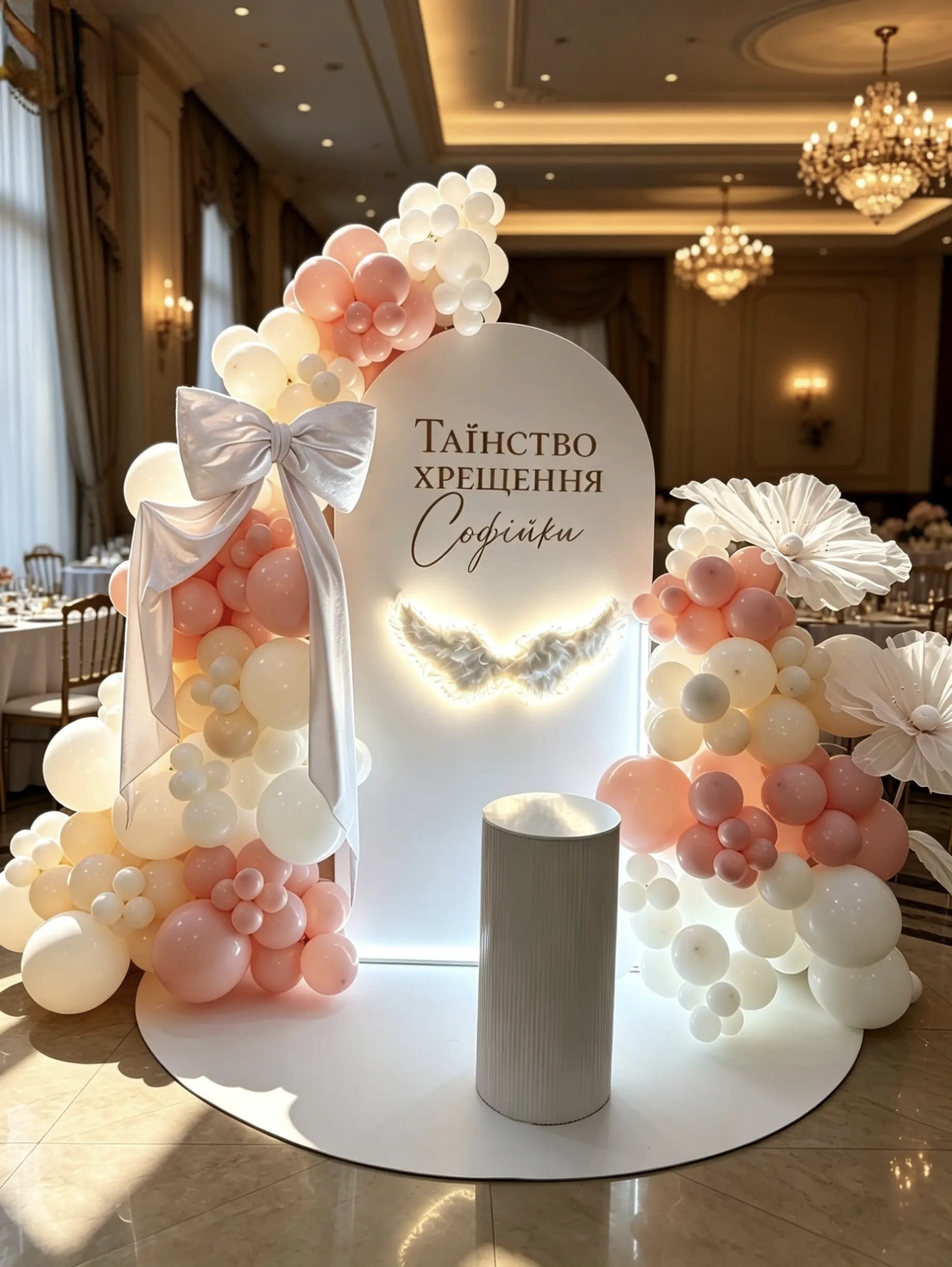 Pink and white christening balloon backdrop with personalized arch, giant flowers, oversized bow, illuminated angel wings and white cake table.
