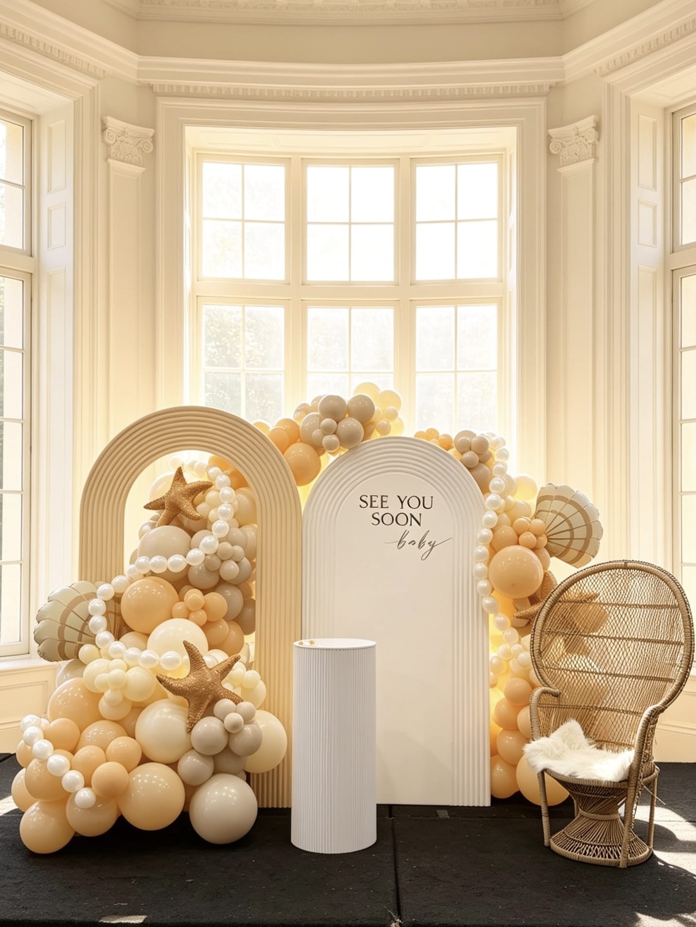 Coastal baby shower backdrop with two ripple backdrops, neutral balloon garlands, pearl garlands, seashell accents, wicker peacock chair and custom lettering.