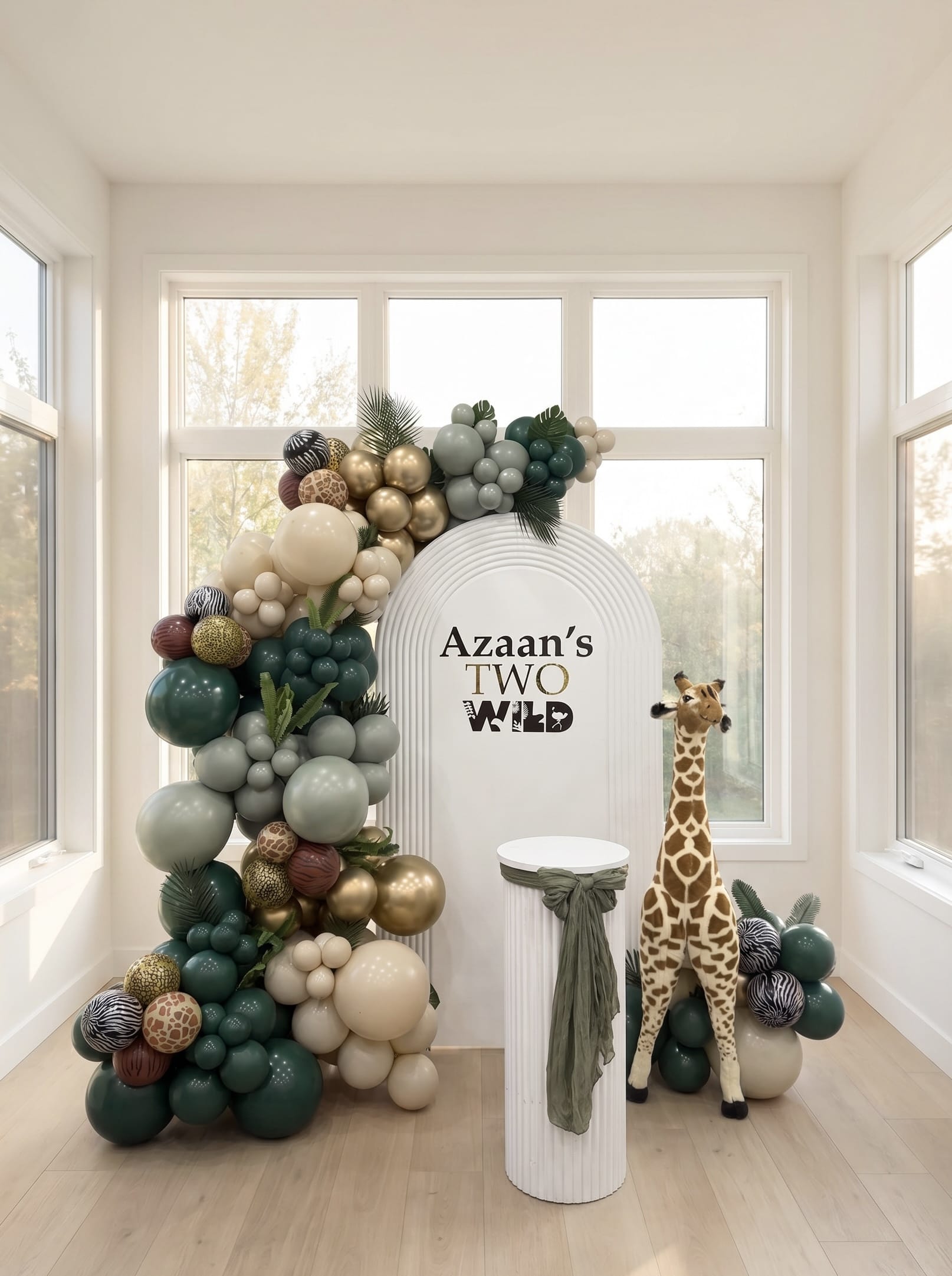 Safari-themed second birthday backdrop featuring a white ribbed arch, custom Two Wild sign, organic balloon garland in green, cream and gold tones, tropical greenery, giraffe prop and white pedestal stand.
