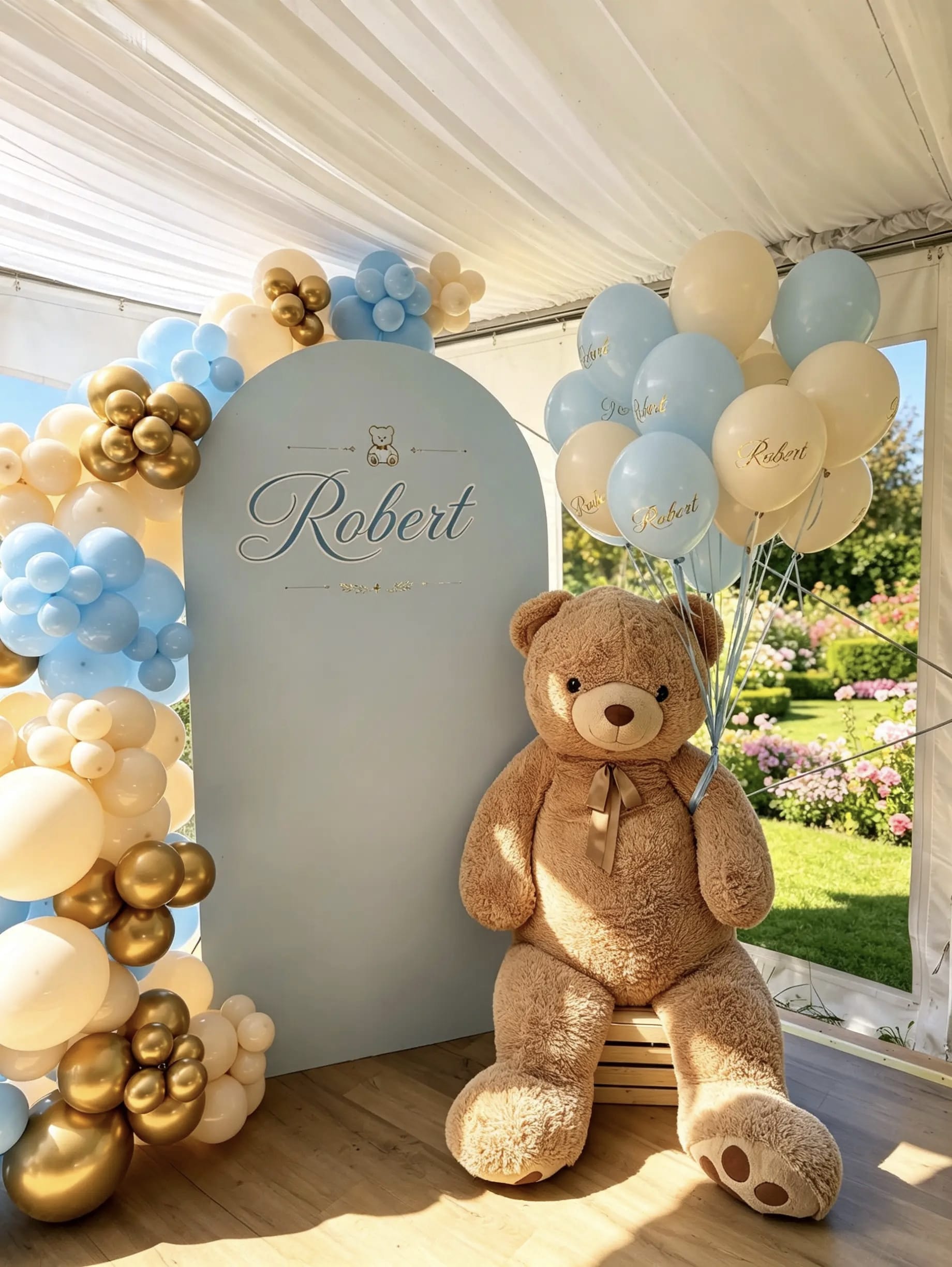 Teddy bear christening backdrop with baby blue, ivory and gold balloon garland, personalized name sign and custom helium balloons.