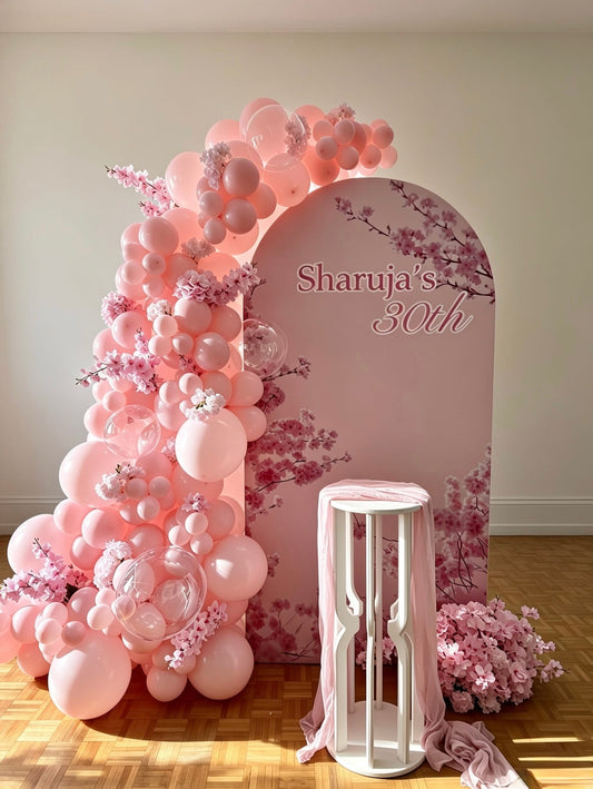 cherry blossom birthday backdrop with pink balloon garland and bubble balloons
