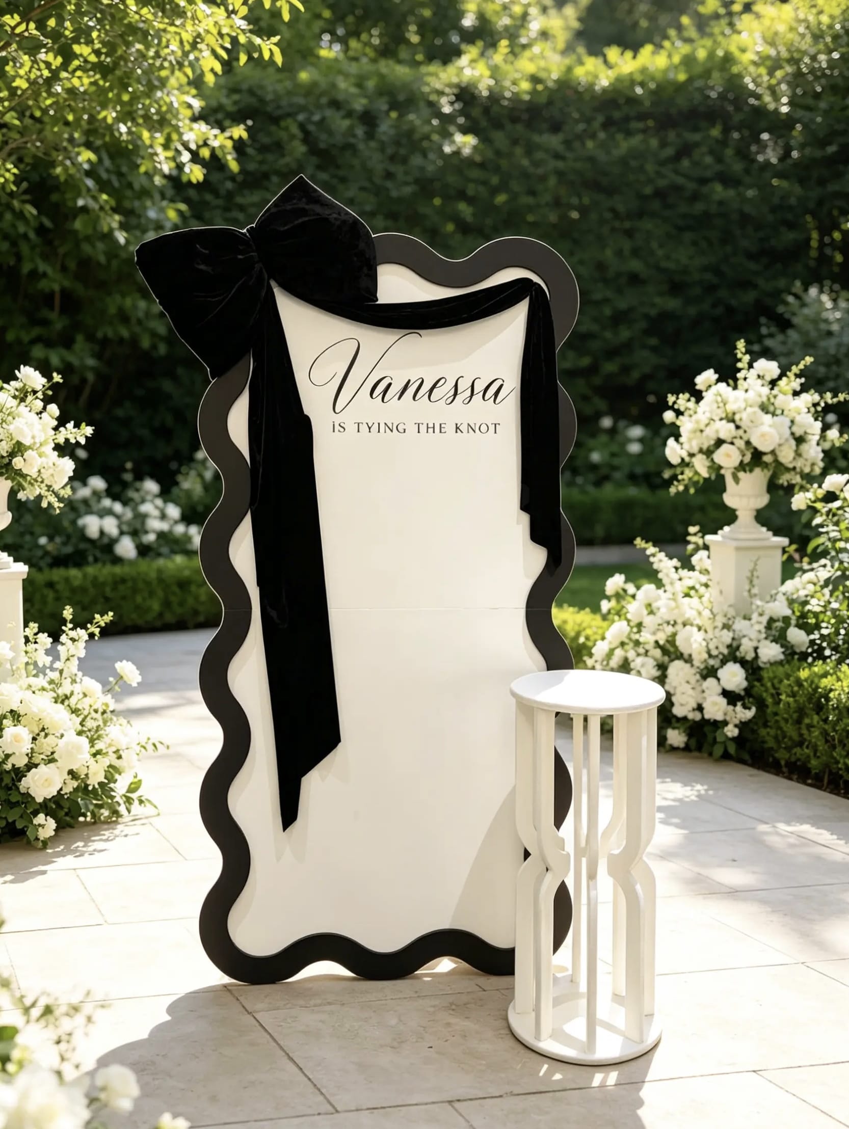 Black and white bridal shower wave backdrop with personalized name, oversized black velvet bow, velvet draping and white cake table.