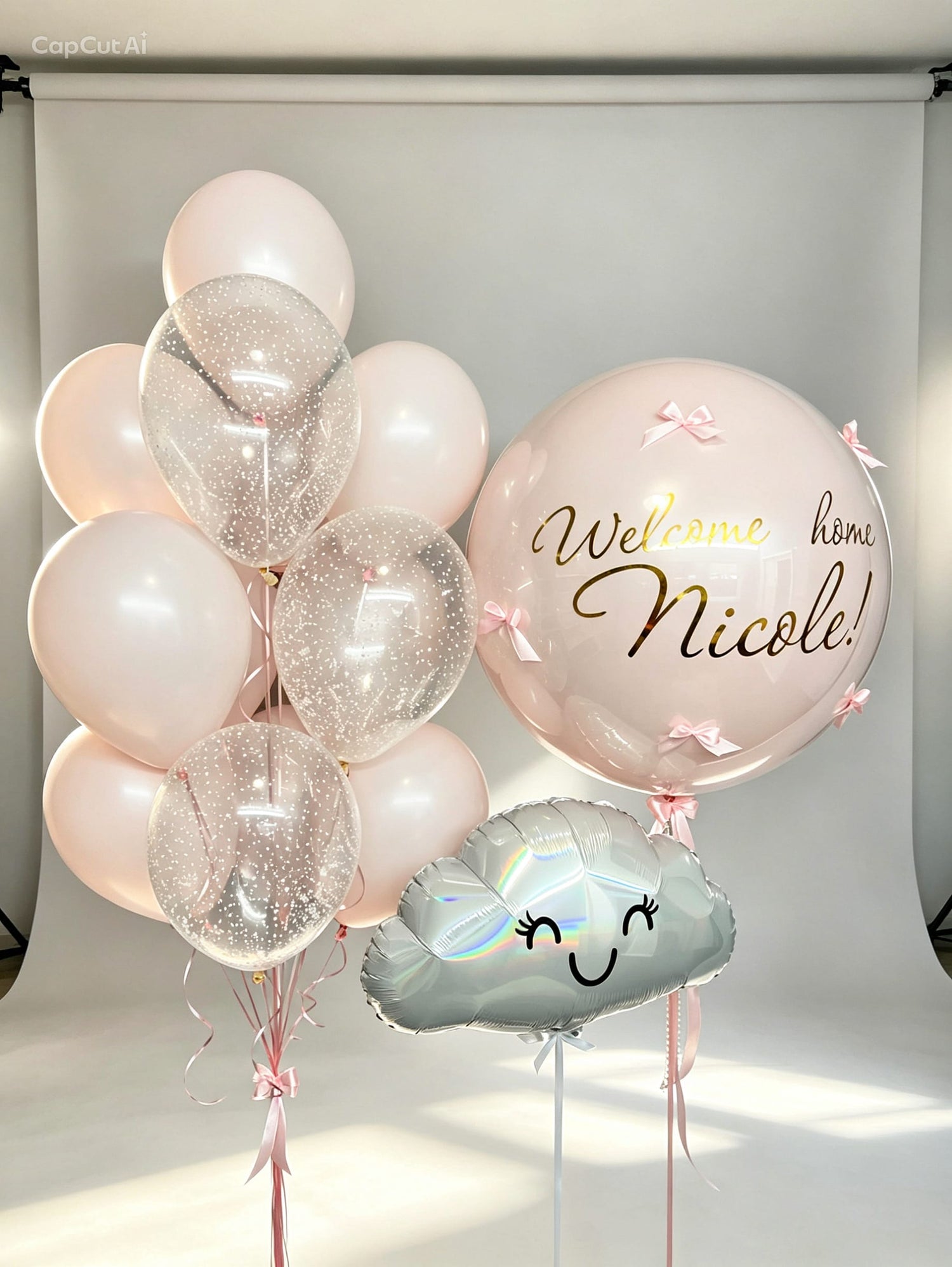 welcome home baby girl balloon bundle with giant personalised balloon and cloud
