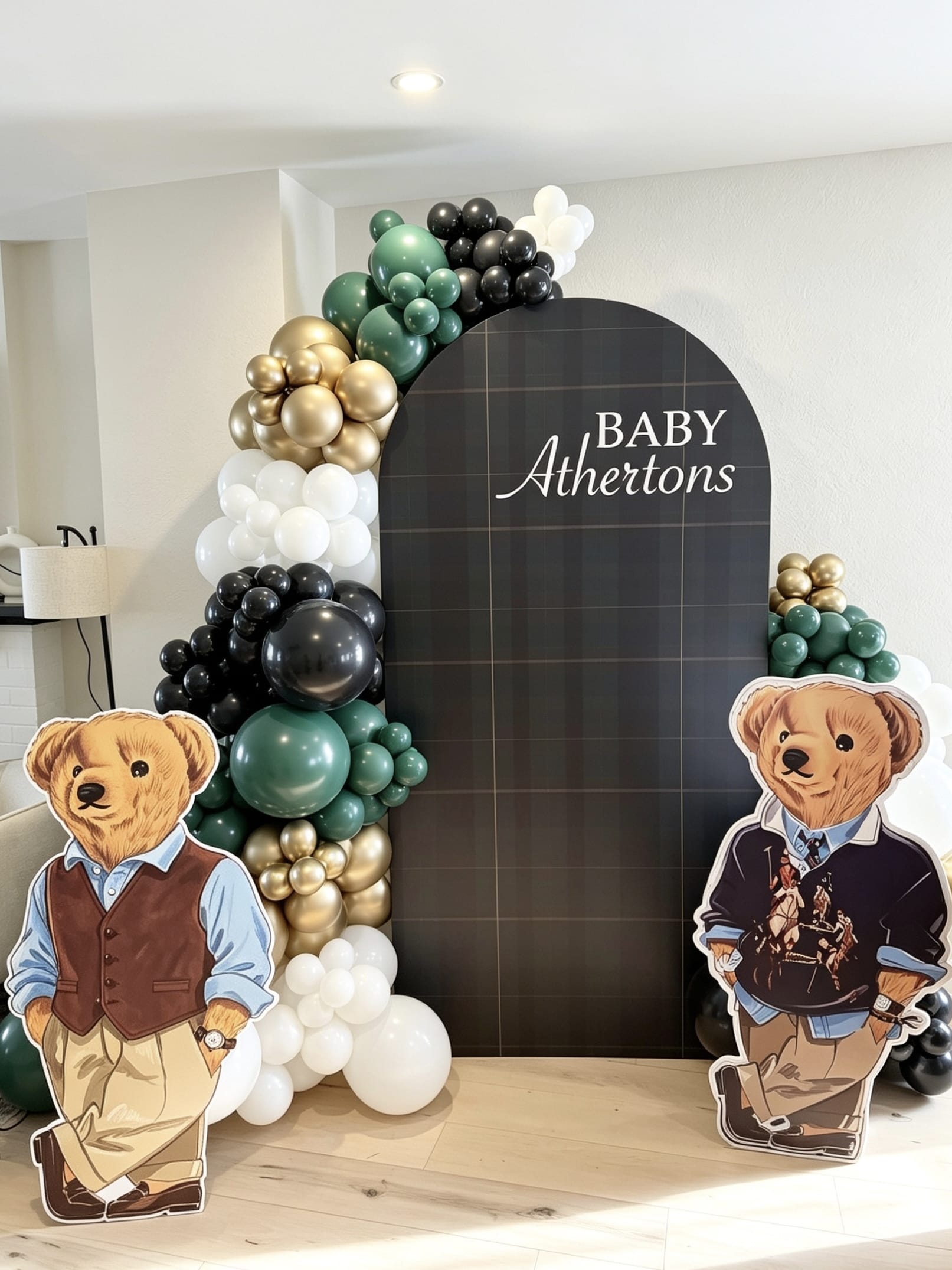 ralph lauren inspired teddy bear baby shower backdrop with plaid arch and balloons