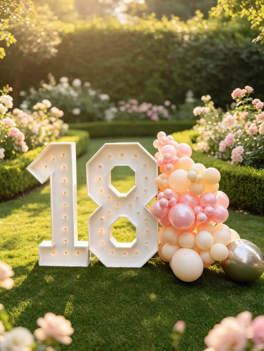 White illuminated 18 marquee numbers with pink, ivory, white and chrome silver balloon garland for an 18th birthday celebration