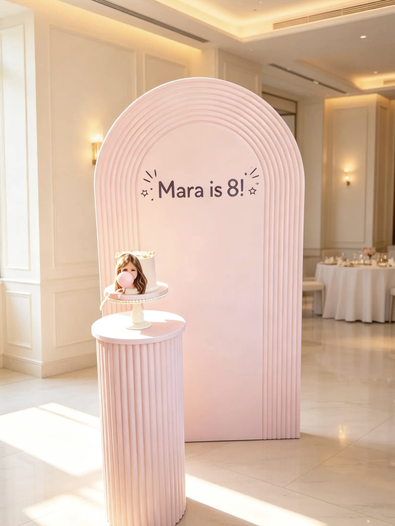 Pink birthday arch backdrop with personalized birthday sign and matching pink ribbed cake table.