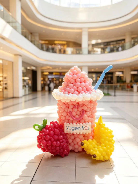 Custom pink frozen yogurt balloon sculpture with branded logo, strawberry and banana balloon decorations for a retail promotion