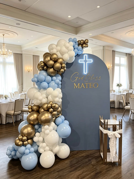 blue baptism backdrop with illuminated cross and luxury balloon garland