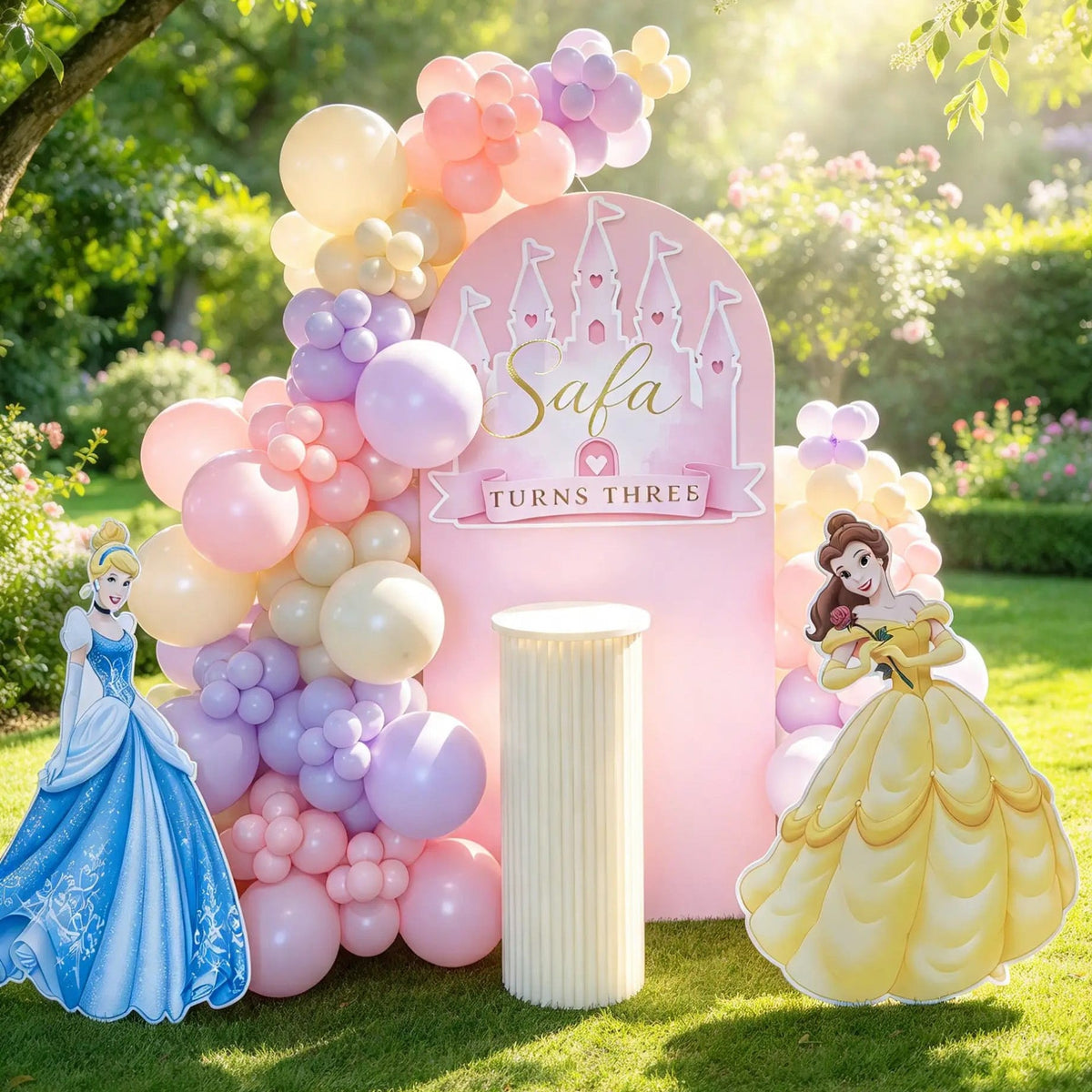 Pink princess castle backdrop with custom name and age, pastel balloons, Cinderella and Belle cutouts, and a white cake pedestal.