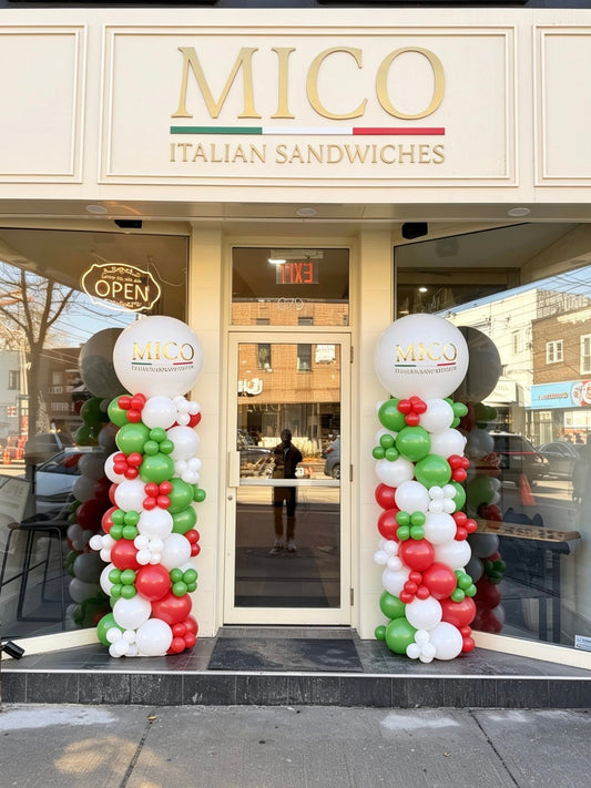 grand opening balloon columns with custom branded jumbo balloons in Italian flag colours