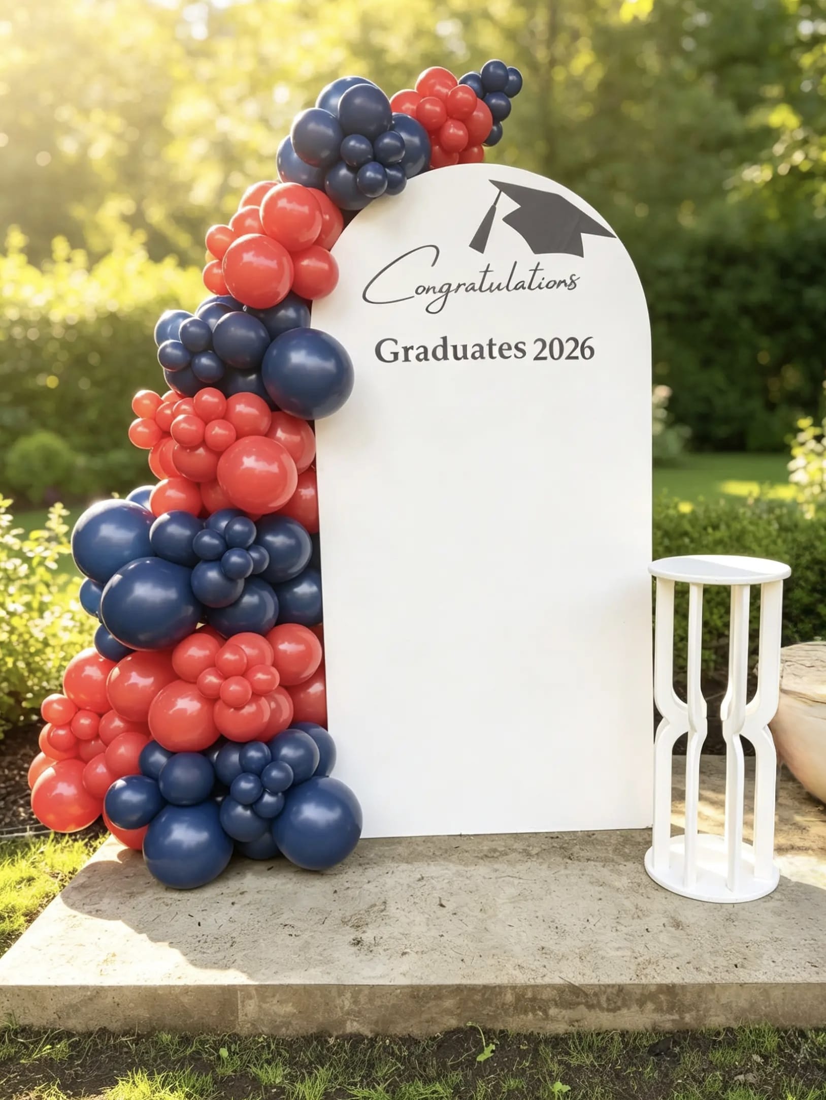 A graduation arch backdrop with a white arched sign reading 'Congratulations Graduates 2026' and a cluster of red, navy, and white balloons on the left, plus a white hourglass decoration on the right, set outdoors on a stone base with greenery in the background.
