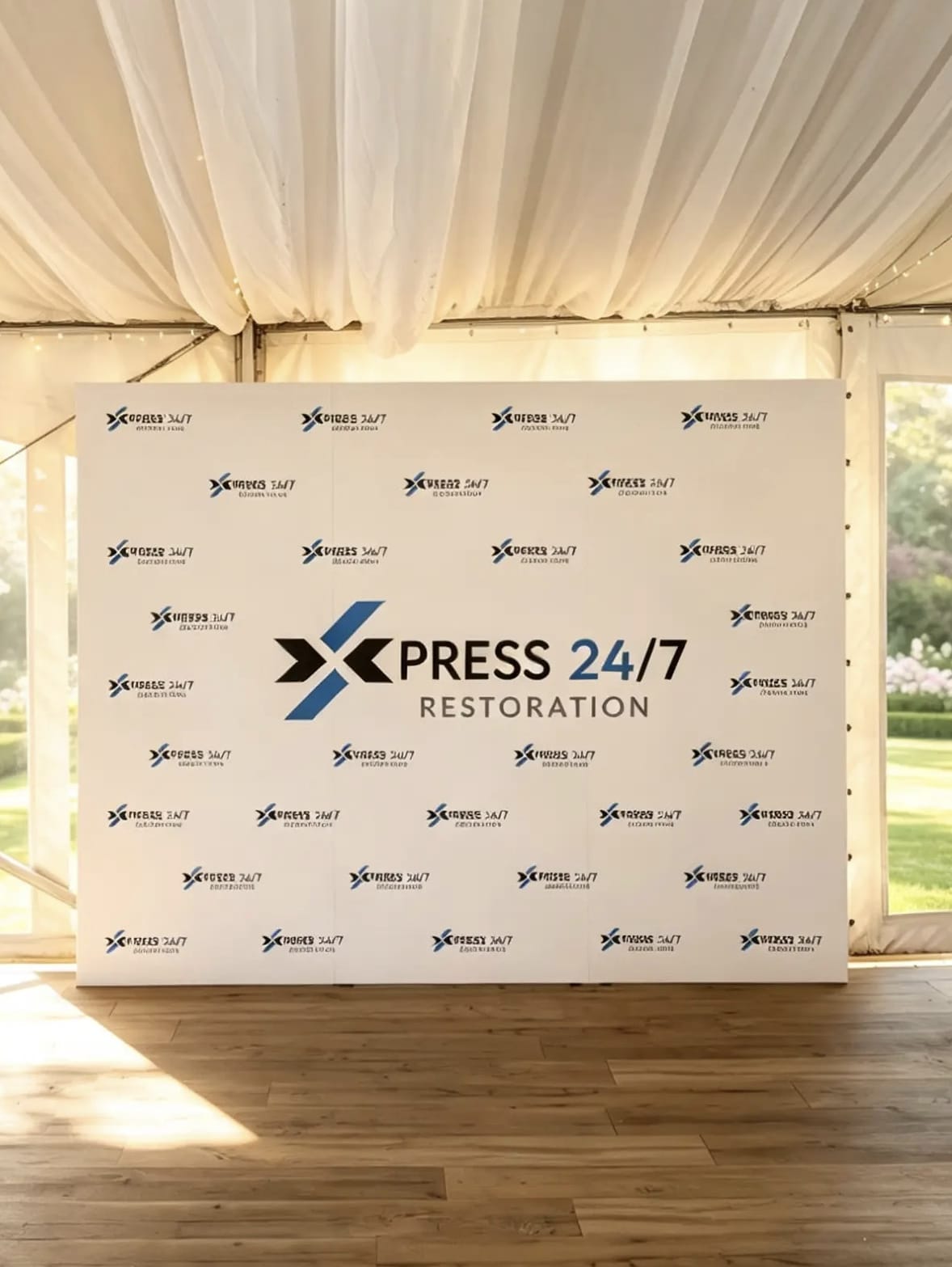 9x7 ft custom foam board step and repeat backdrop with company logo and branded design for corporate events and photo opportunities.
