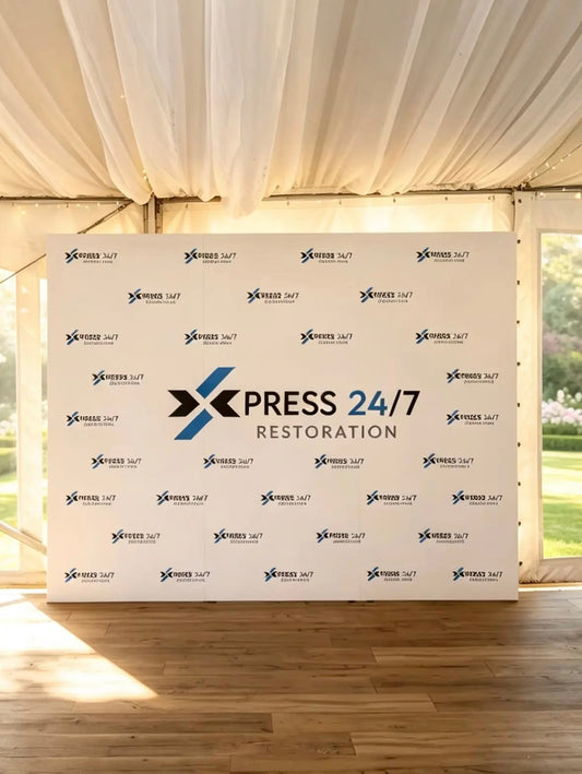 9x7 ft custom foam board step and repeat backdrop with company logo and branded design for corporate events and photo opportunities.