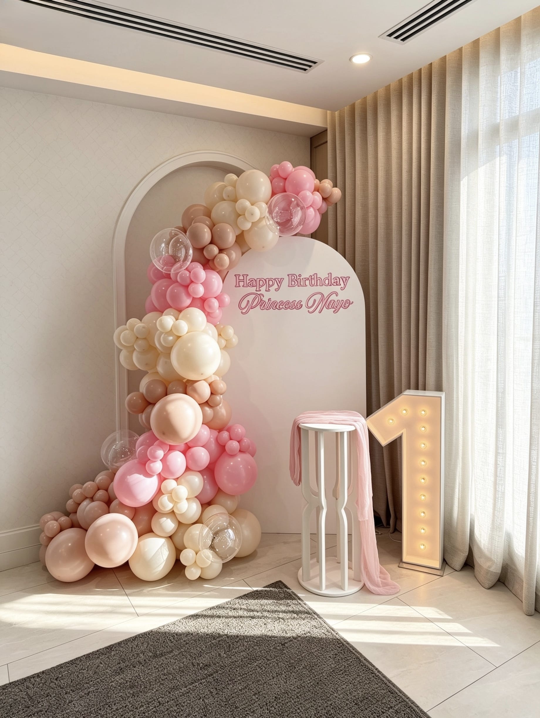 pink princess first birthday backdrop with organic balloon garland and marquee number one