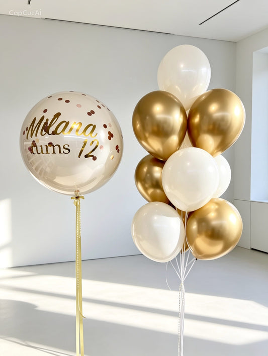personalized jumbo bubble balloon with gold and white helium balloon bouquet