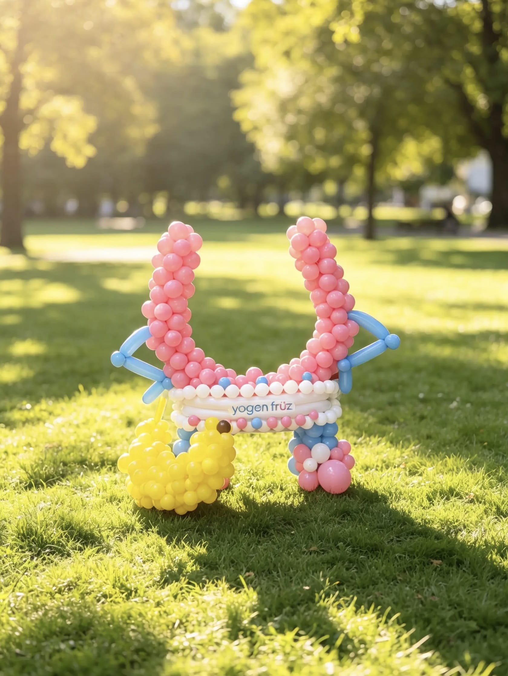 Custom pink balloon brand mascot sculpture with arms, legs, branded logo and yellow banana prop for a corporate brand activation