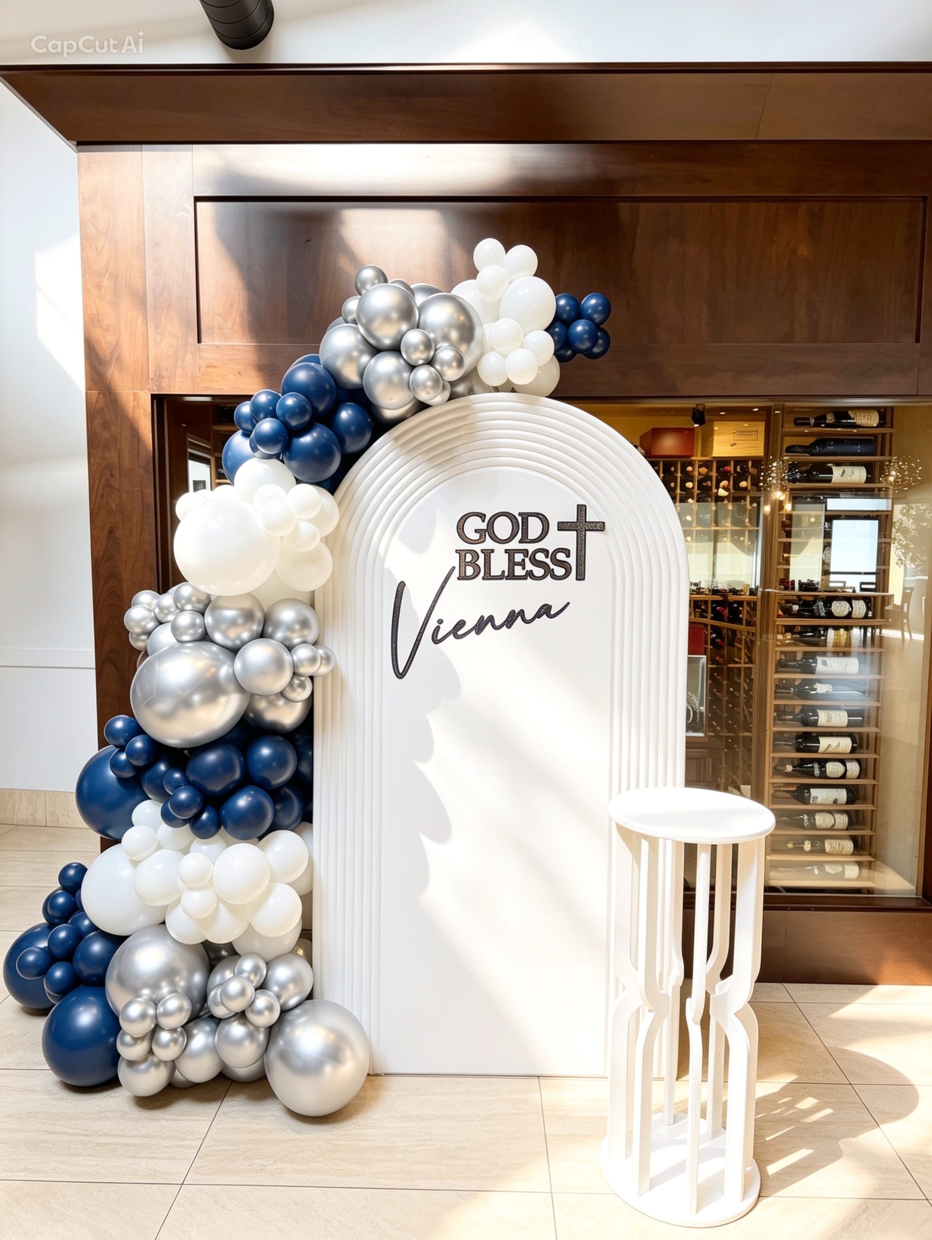 White ripple communion backdrop with navy, white and silver balloon garland, custom lettering and white pedestal stand