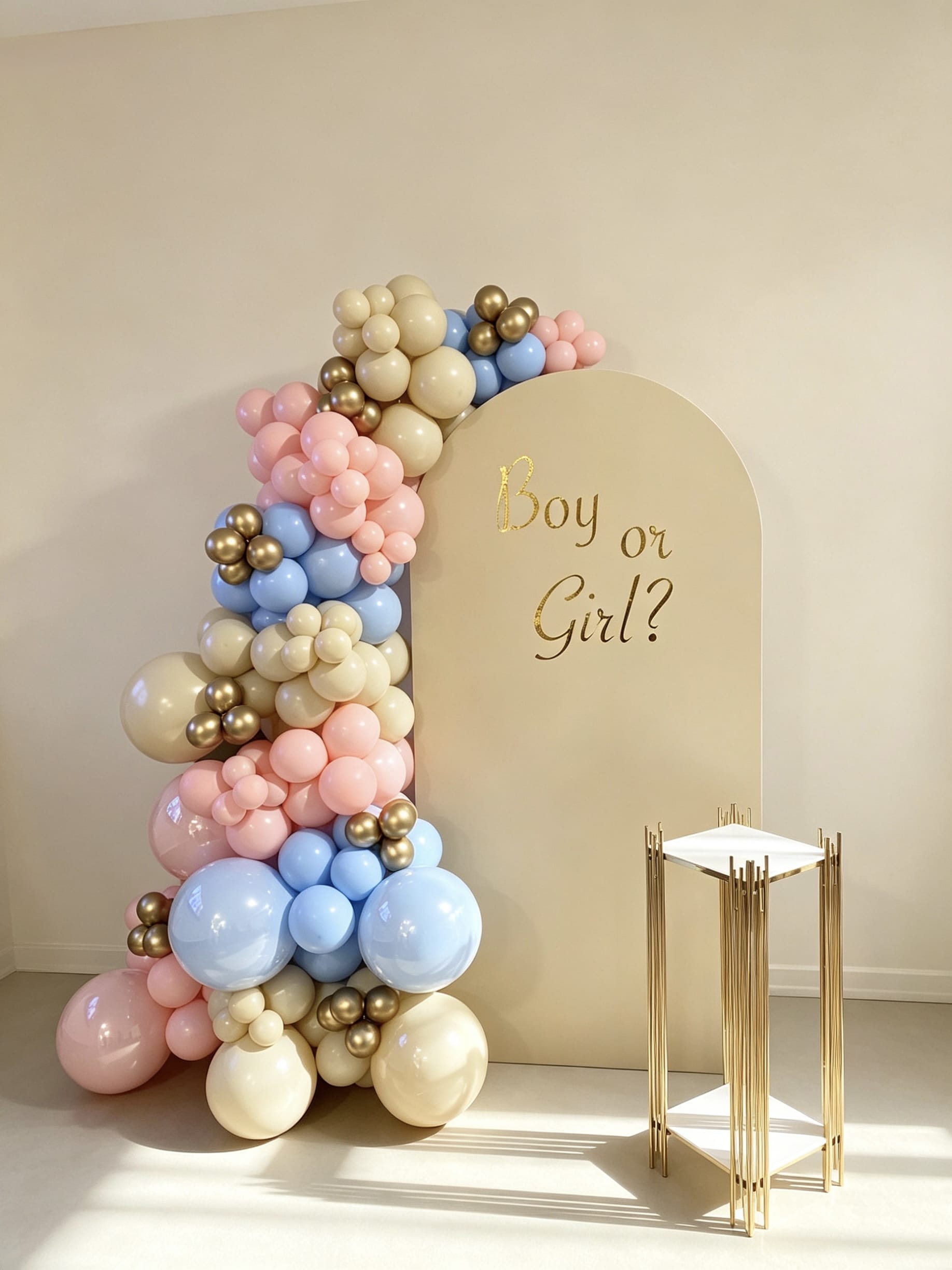 Gender reveal backdrop with pastel pink and blue balloon garland and gold accents