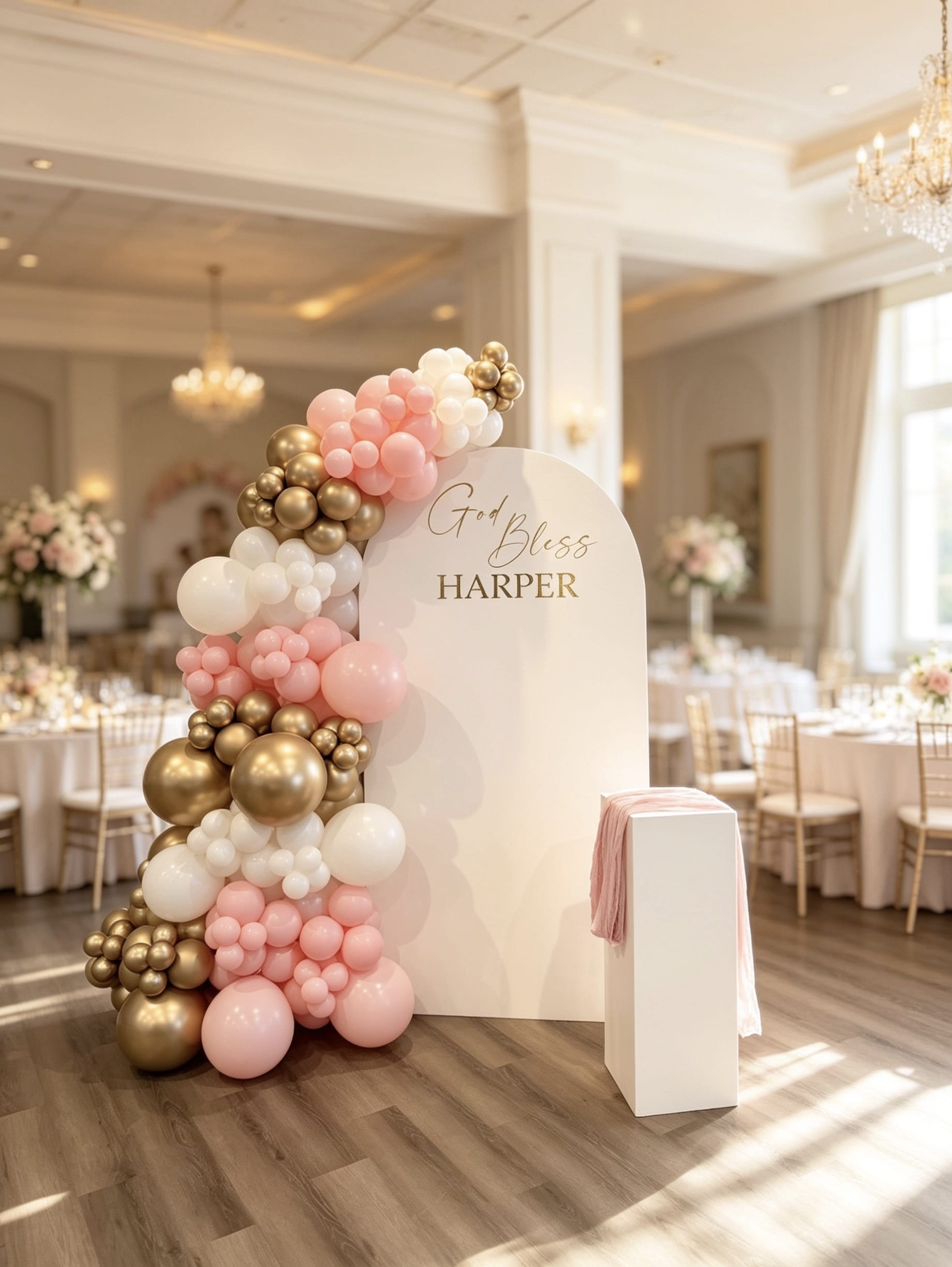 White communion backdrop with pink, white and gold balloon garland and matching pedestal stand