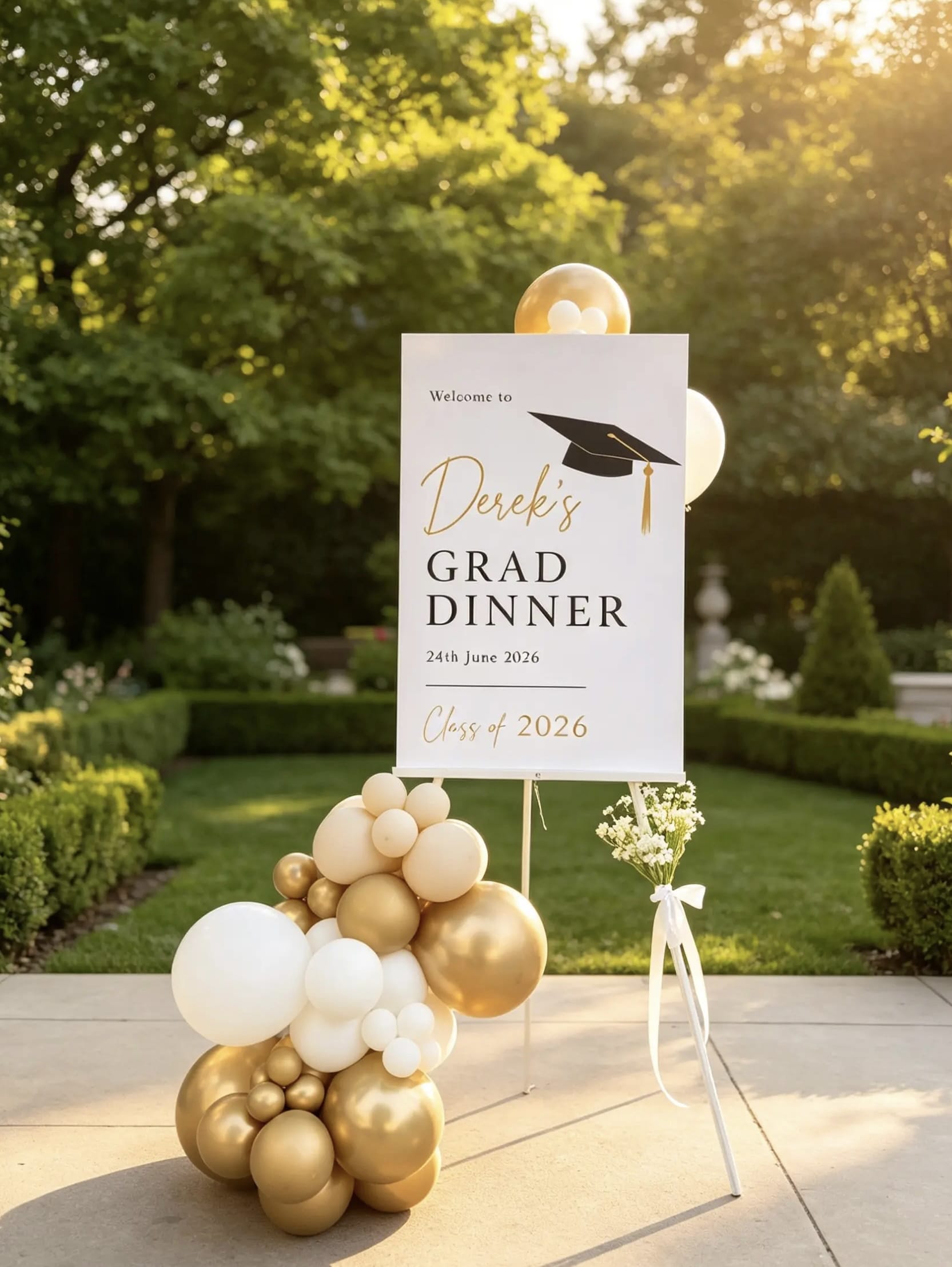 Graduation welcome sign with custom design on an easel and an organic white and gold balloon garland.