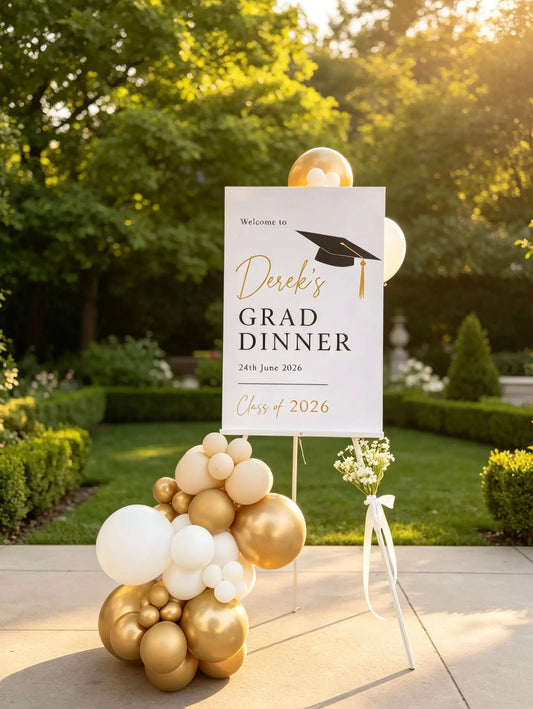Graduation welcome sign with custom design on an easel and an organic white and gold balloon garland.