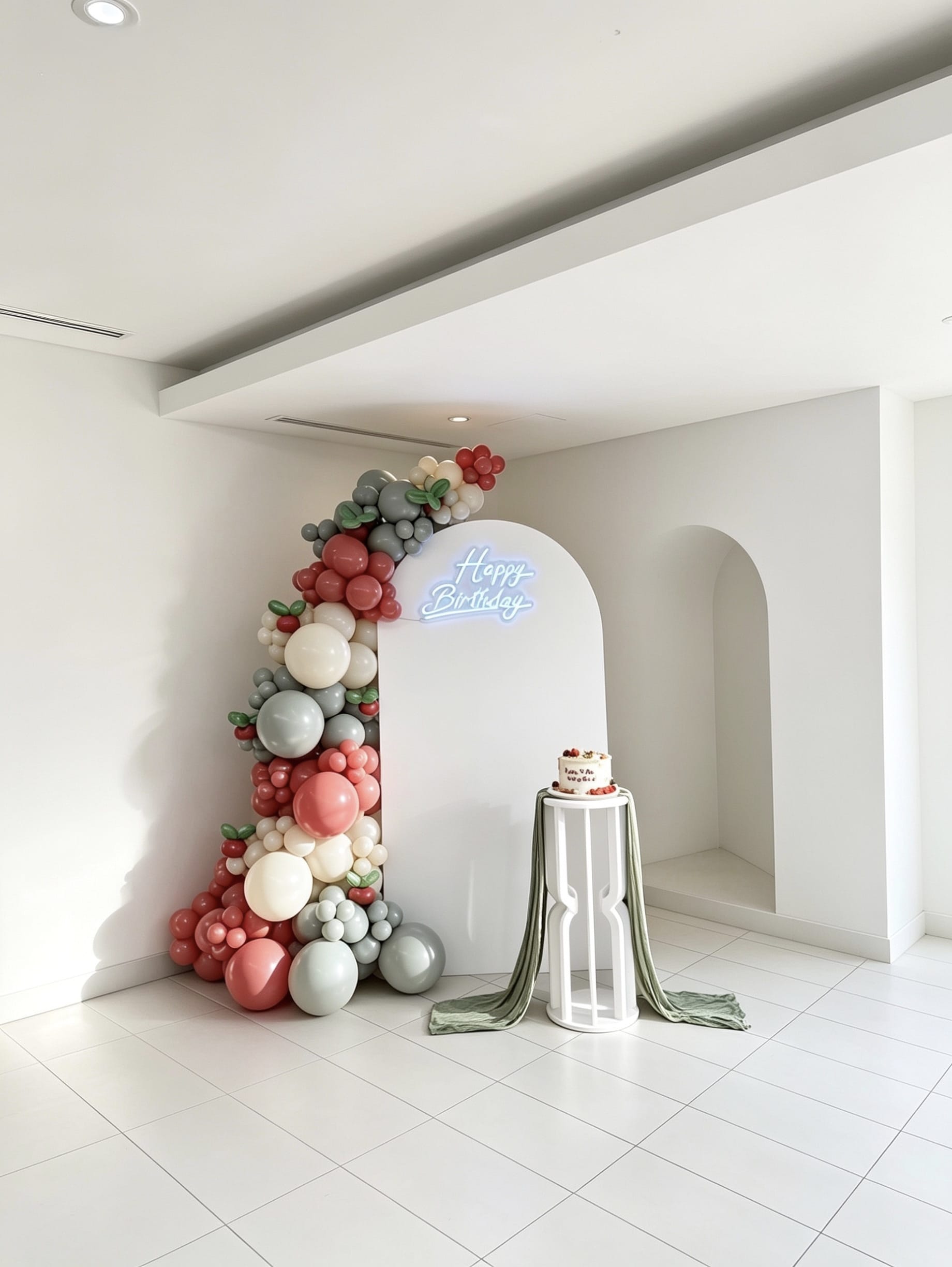 tomato inspired birthday backdrop with red sage and ivory balloons
