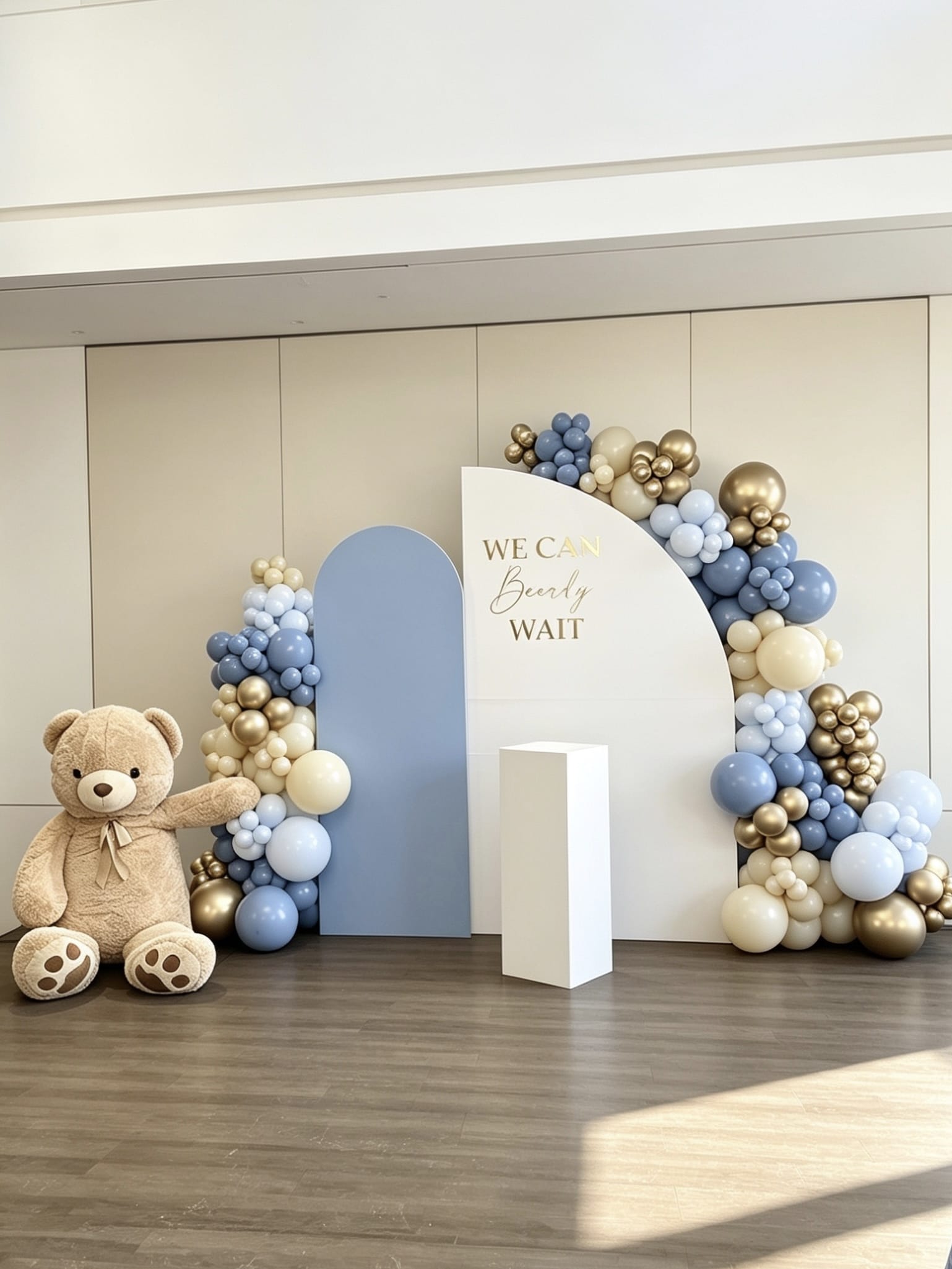 luxury powder blue baby shower backdrop with teddy bear and organic balloon garlands