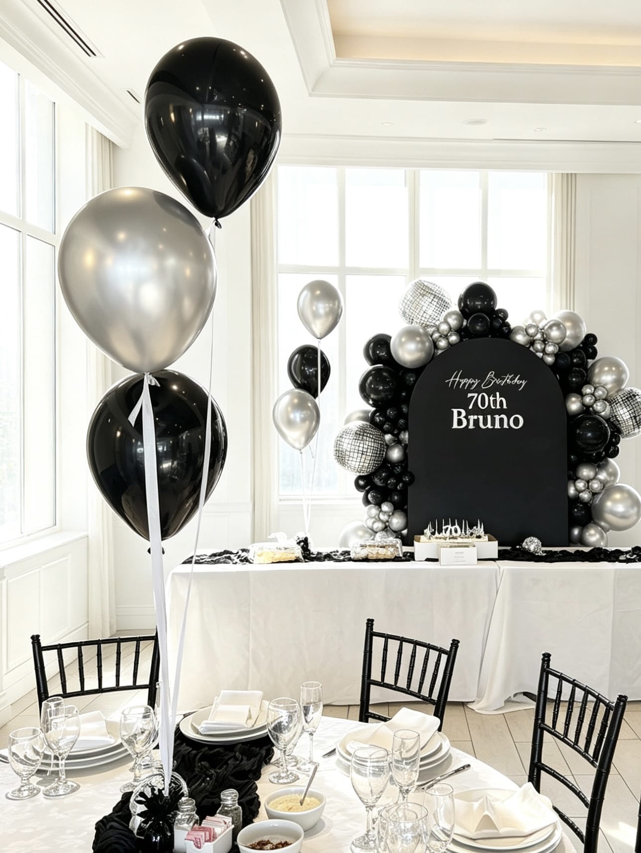 Three helium balloon table centerpiece featuring black and chrome silver balloons with coordinating ribbons and a decorative balloon weight.