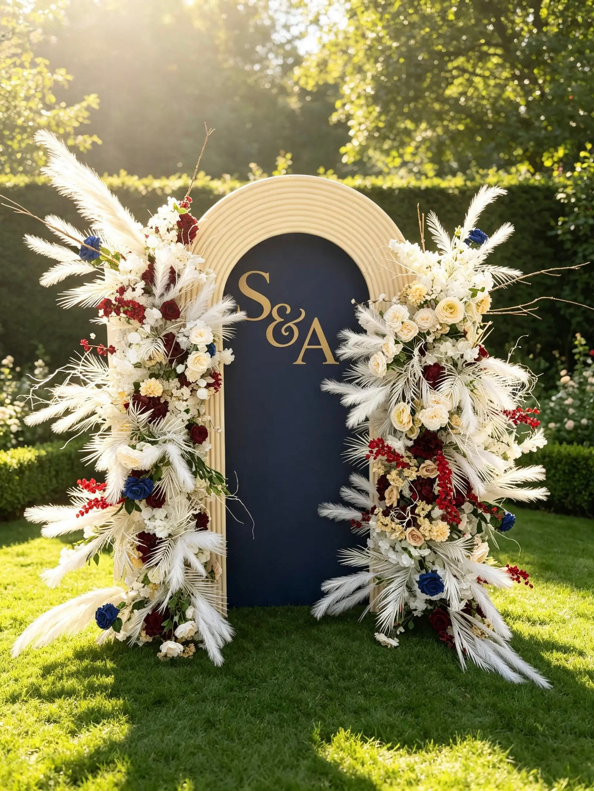 Navy and cream wedding arch with gold initials, framed by ivory, burgundy, and blue flowers with white pampas-style accents.