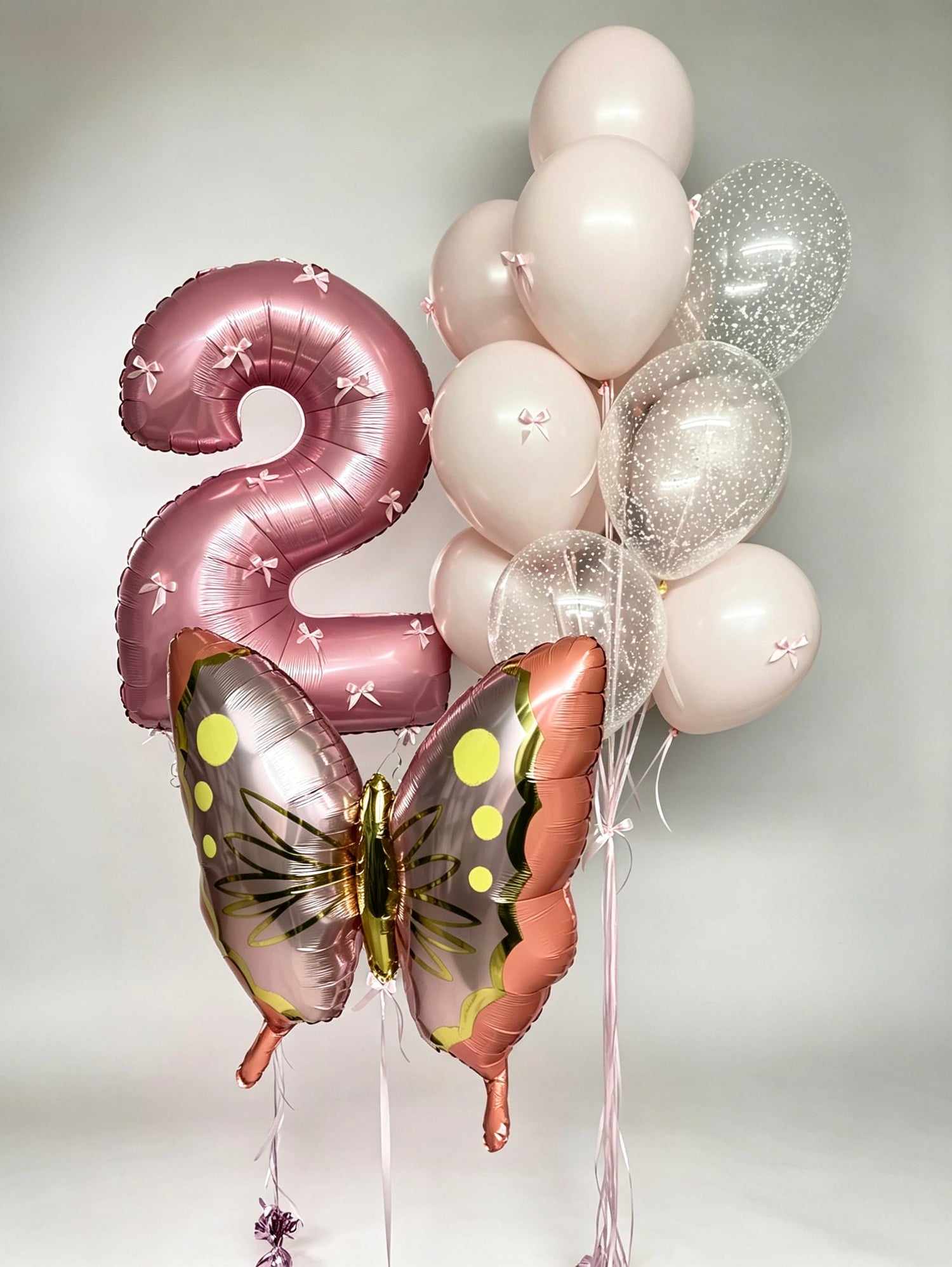 butterfly 2nd birthday helium balloon bundle with pink number balloon
