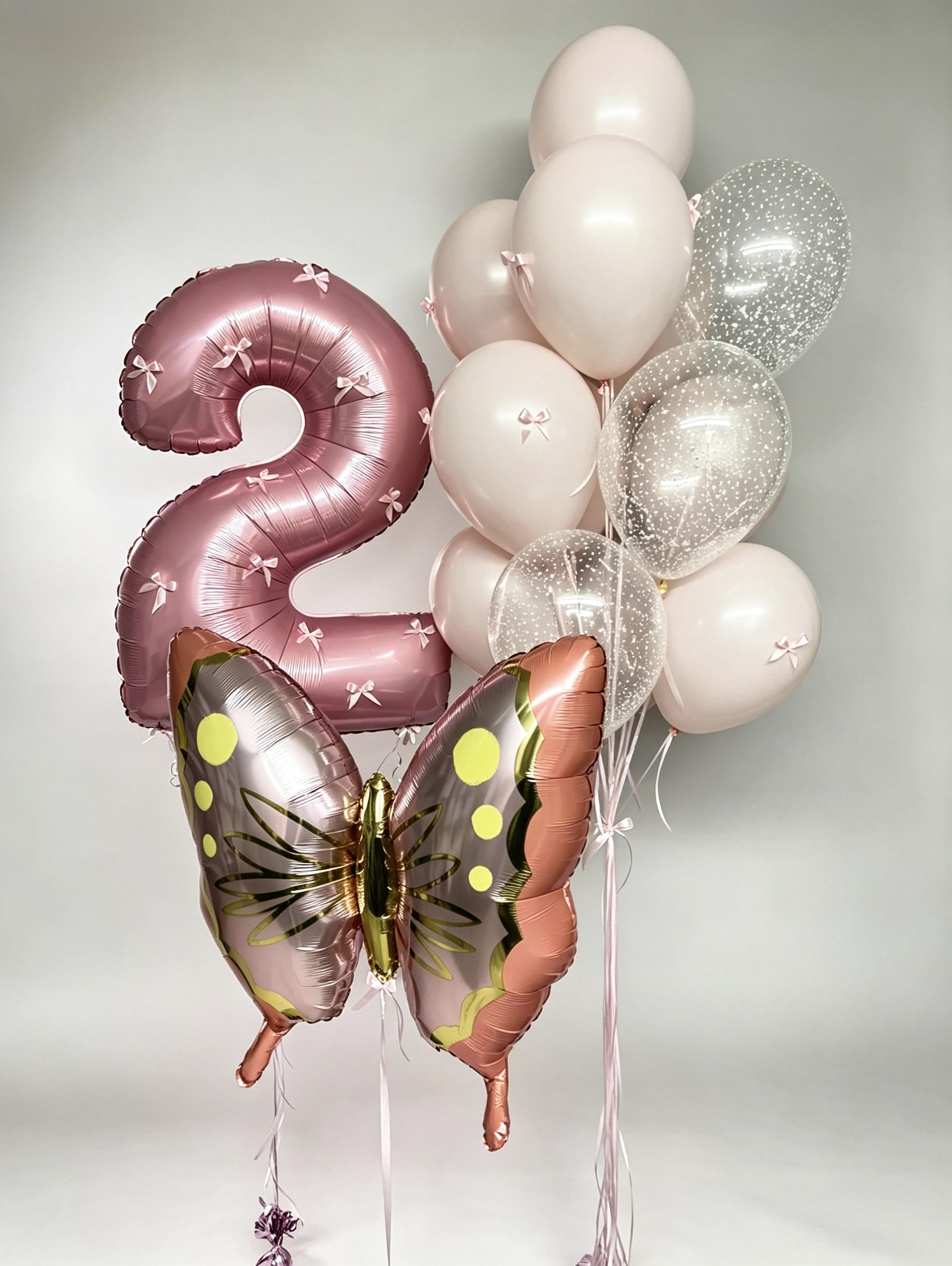 butterfly 2nd birthday helium balloon bundle with pink number balloon
