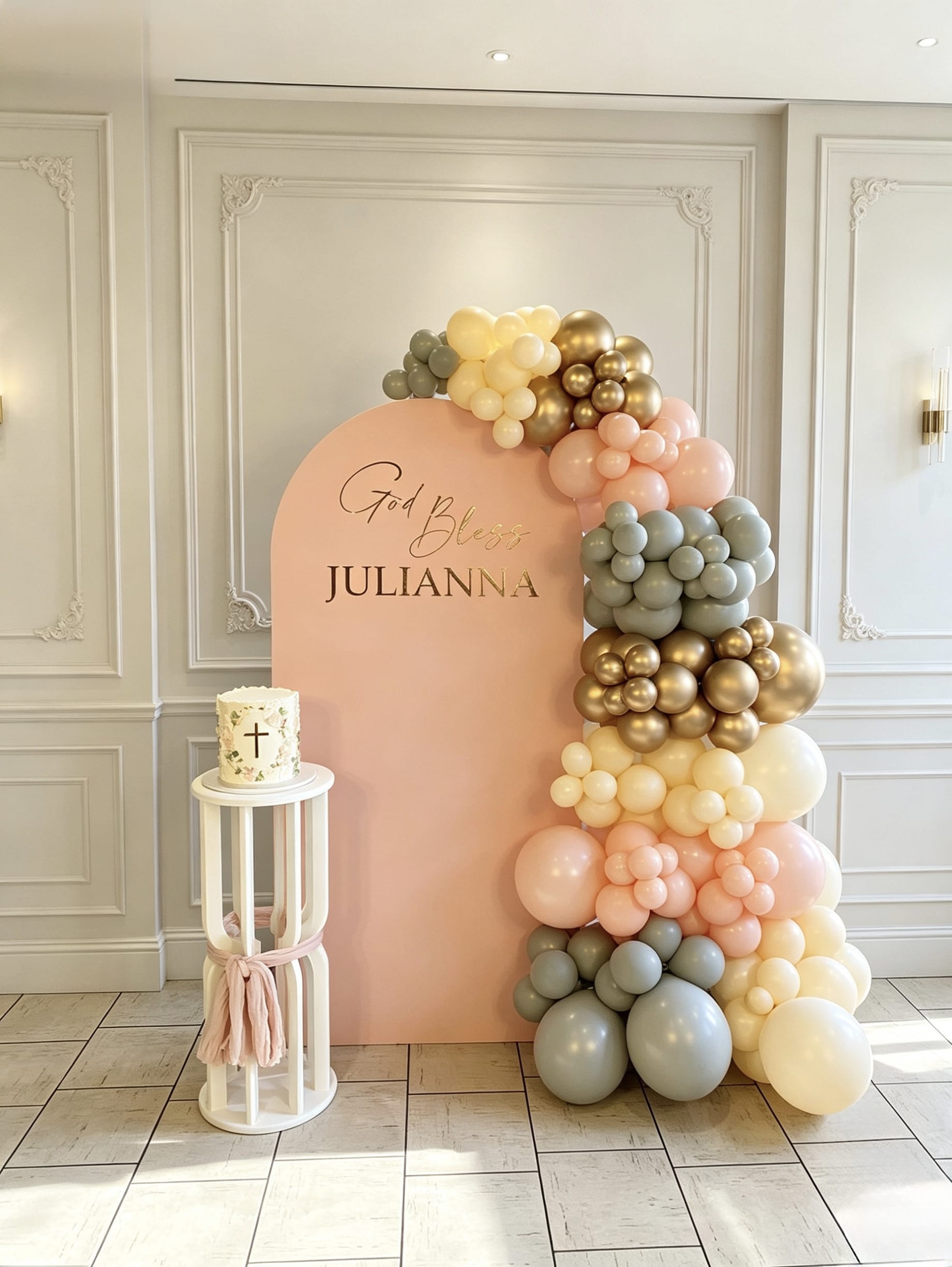 Pink communion backdrop with pastel balloon garland and gold chrome balloons