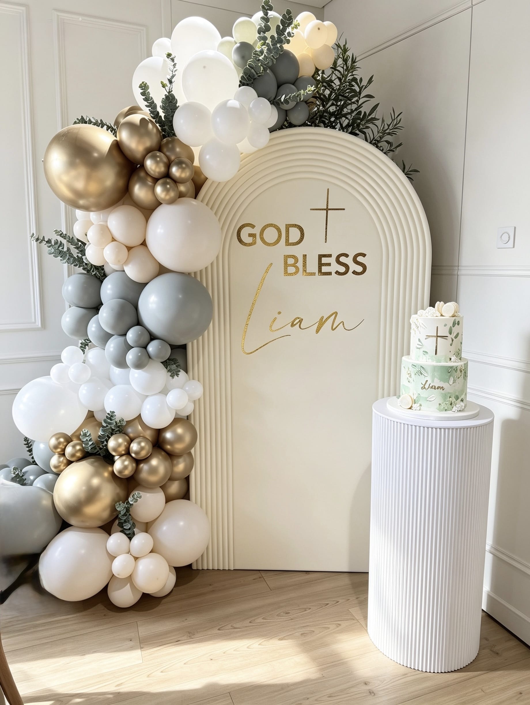 Ripple arch communion backdrop with sage, white and gold balloon garland, eucalyptus greenery and ribbed cake pedestal