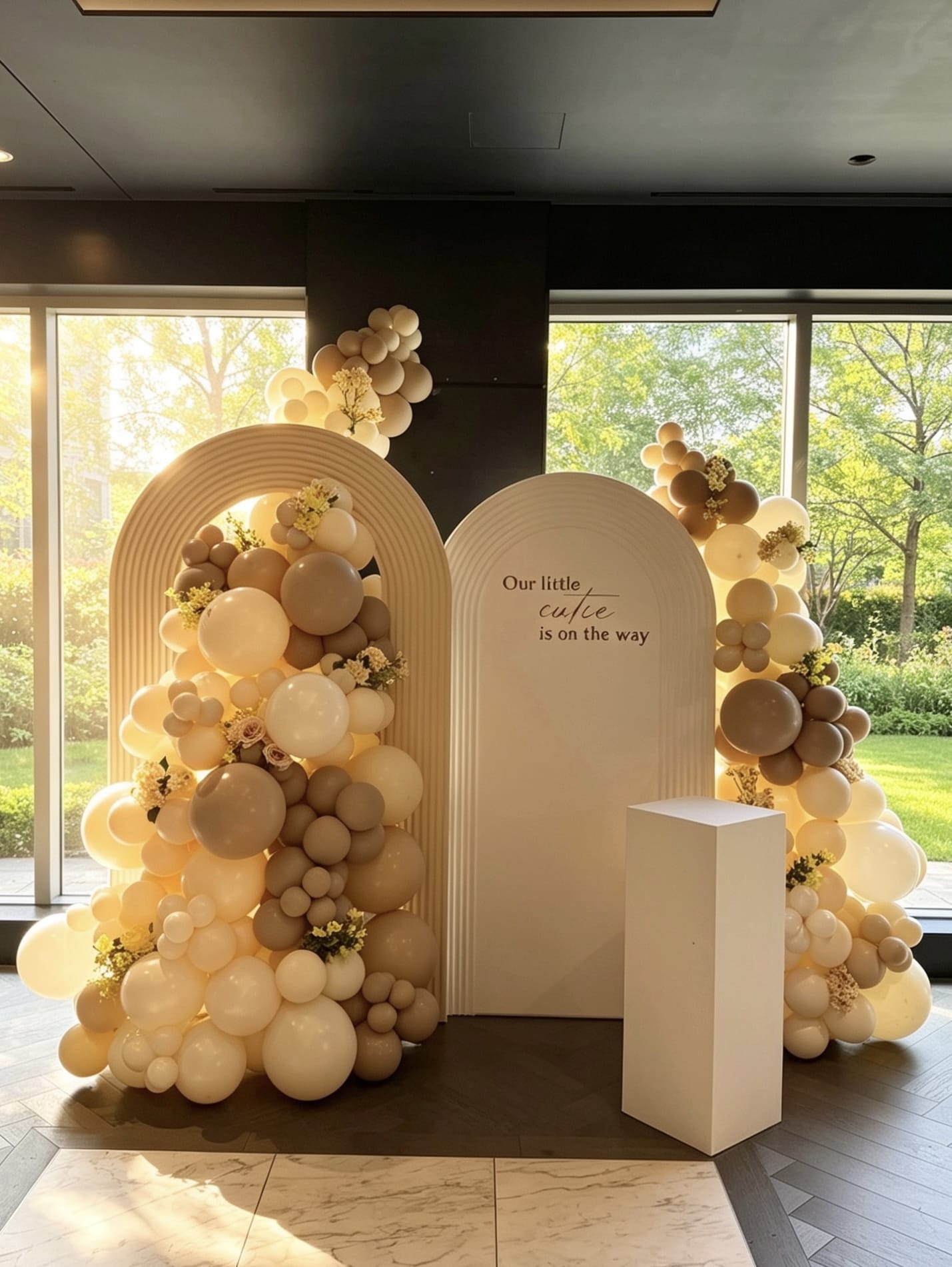 Neutral baby shower backdrop with two white ripple arches, organic balloon garlands in ivory, beige and taupe, floral accents and a white display pedestal.